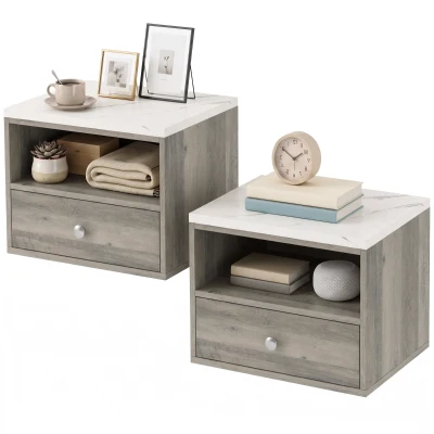 HOMCOM Floating Bedside Tables Set of 2 with Drawer, Open Storage and White Marble Effect Top for Bedroom, Natural