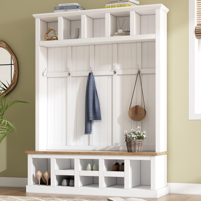 Farmhouse Hall Tree Coat Rack with 13 Compartments, Shoe Storage Bench Unit with Wide Storage Seating Bench, 59'' L x 18'' W x 79'' H, White