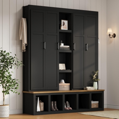 Rustic 4-in-1 Hall Tree Coat Rack with 4 Cabinets and 6 Sturdy Hooks, Shoe Storage Bench Unit for Mudroom, 63'' L x 15.5'' W x 76.5'' H, Black