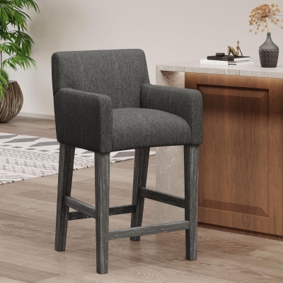 Modern Upholstered Counter Stool with Rounded Armrests, Soft Kitchen Stool with Rubberwood Frame, 23.5'' L x 23.5" W x 39.5" H, Charcoal