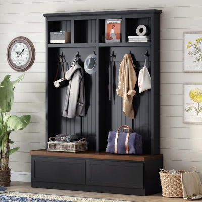 Rustic Farmhouse 4-in-1 Hall Tree Coat Rack with 2 Large Drawers, Shoe Storage Bench Unit with 6 Hooks, 53'' L x 15'' W x 75.5'' H, Black