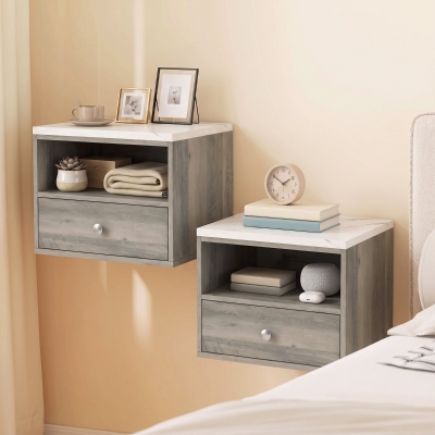 HOMCOM Floating Bedside Tables Set of 2 with Drawer, Open Storage and White Marble Effect Top for Bedroom, Natural