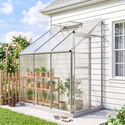Outsunny Aluminum Lean-to Greenhouse Polycarbonate Walk-in Greenhouse with Rain Gutter and Sliding Door, 6' x 4', Clear