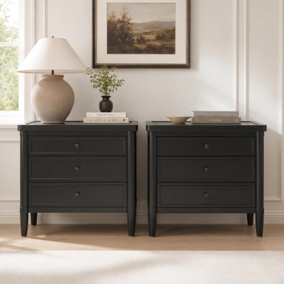 Modern Nightstand with 3 Drawers and Brass Handles, Chic Storage Cabinet with Solid Wood Frame, 23.5'' L x 15.5" W x 24.5" H, Black