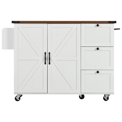 Farmhouse Kitchen Island with Power Outlet and Drop Leaf, Versatile Rolling Cart with Spice Rack and Storage, 54.5'' L x 28.5" W x 36.5" H, White