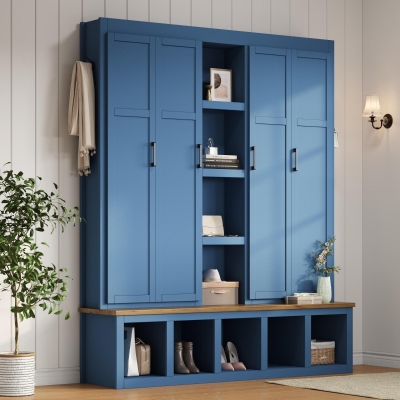 Rustic 4-in-1 Hall Tree Coat Rack with 4 Cabinets and 6 Sturdy Hooks, Shoe Storage Bench Unit for Mudroom, 63'' L x 15.5'' W x 76.5'' H, Blue