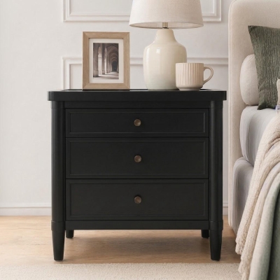 Modern Nightstand with 3 Drawers and Brass Handles, Chic Storage Cabinet with Solid Wood Frame, 23.5'' L x 15.5" W x 24.5" H, Black