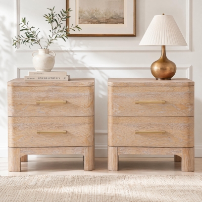 Modern Nightstand with 2 Drawers, Rounded Corners and Gold Handles, Versatile Storage Cabinet for Bedroom, 23.5'' L x 15.5" W x 22.5" H, Natural