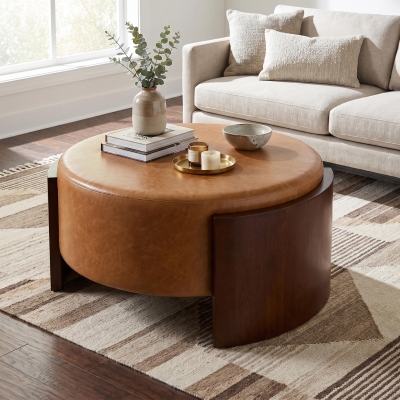 Modern Round Ottoman with Curved Wood-Grain and High-Density Foam, Versatile Coffee Table for Living Room, 32'' L x 32" W x 17.5" H, Brown