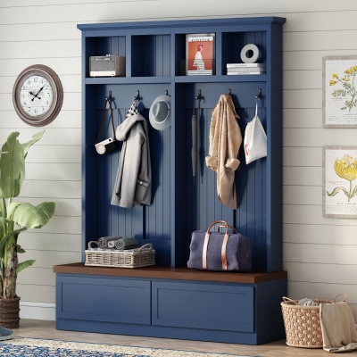 Rustic Farmhouse 4-in-1 Hall Tree Coat Rack with 2 Large Drawers, Shoe Storage Bench Unit with 6 Hooks, 53'' L x 15'' W x 75.5'' H, Blue