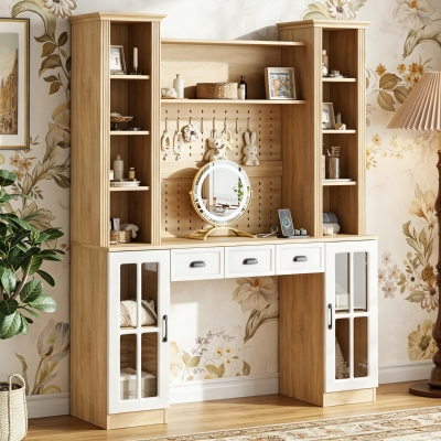 Farmhouse Makeup Vanity with LED Mirror and Power Outlet, Chic Dressing Desk with Jewelry Organizer, 54.5'' L x 15.5" W x 70" H, Natural+White