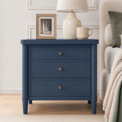 Modern Farmhouse Nightstand with 3 Storage Drawers, Wooden Bedside End Table with Tapered Legs, 23.5'' L x 15.5'' W x 24.5'' H, Blue
