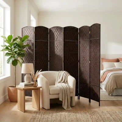 HOMCOM 6FT Folding Privacy Screen, Wicker Room Divider, Brown