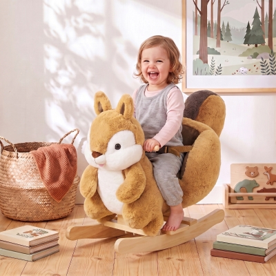 Qaba Rocking Horse for Toddlers 1-3 Years, Squirrel Baby Rocking Horse with Animal Sound, Safety Belt, Brown