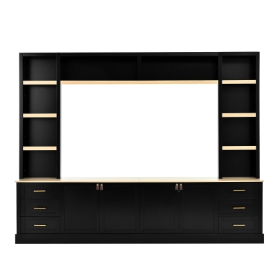 Rustic Farmhouse Entertainment Centre with 6 Storage Drawers, Modern TV Wall Unit with Adjustable Shelves, 98.5'' L x 15.5'' W x 79.5'' H, Black