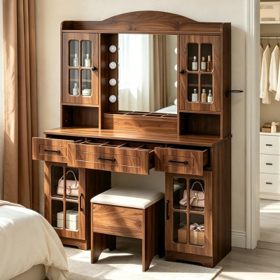 Farmhouse Makeup Vanity with Lighted Mirror and Power Outlet, Chic Dressing Table with Drawers and Stool, 47'' L x 15.5" W x 61.5" H, Walnut
