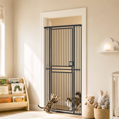 PawHut 71" Extra Tall Cat Gate,  29"-39" Wide Pet Gate with No Drilling, Narrow Spacing, Pull-Ring Latch, 2 Extension Kits