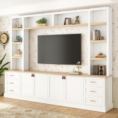 Rustic Farmhouse Entertainment Centre with 6 Storage Drawers, Modern TV Wall Unit with Adjustable Shelves, 98.5'' L x 15.5'' W x 79.5'' H, White