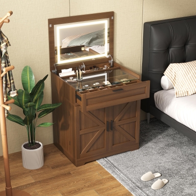 Versatile 3-in-1 Flip Top Makeup Vanity Cabinet with LED Lighted Mirror, Rustic Dressing Table for Bedroom, 26.5'' L x 19.5" W x 29.5" H, Walnut