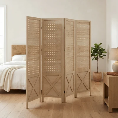 HOMCOM 4.7' Wooden 4-Panel Room Divider with Pegboard, Natural