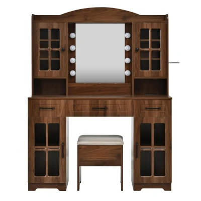 Farmhouse Makeup Vanity with Lighted Mirror and Power Outlet, Chic Dressing Table with Drawers and Stool, 47'' L x 15.5" W x 61.5" H, Walnut