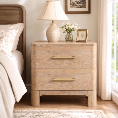 Modern Nightstand with 2 Drawers, Rounded Corners and Gold Handles, Versatile Storage Cabinet for Bedroom, 23.5'' L x 15.5" W x 22.5" H, Natural