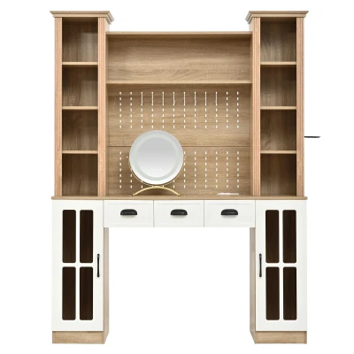 Farmhouse Makeup Vanity with LED Mirror and Power Outlet, Chic Dressing Desk with Jewelry Organizer, 54.5'' L x 15.5" W x 70" H, Natural+White
