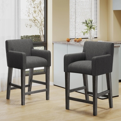 Modern Upholstered Counter Stool Set of 2 with Rounded Armrests, Comfortable Breakfast Bar Stool for Kitchen, 24'' L x 23" W x 39.5" H, Charcoal