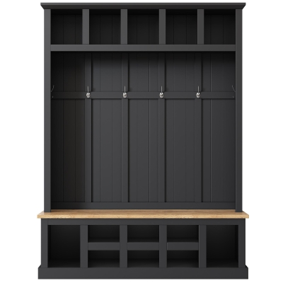 Farmhouse Hall Tree Coat Rack with 13 Compartments, Shoe Storage Bench Unit with Wide Storage Seating Bench, 59'' L x 18'' W x 79'' H, Black