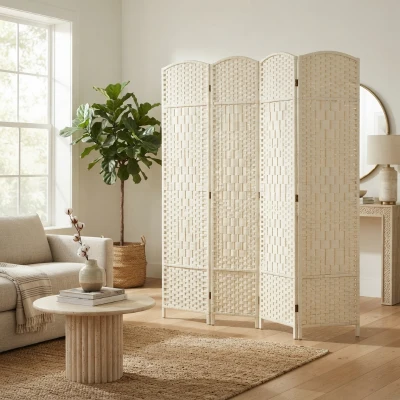 HOMCOM 6' Folding 4-Panel Wood Privacy Screen, White