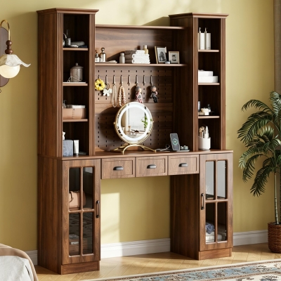 Farmhouse Makeup Vanity with LED Mirror and Power Outlet, Chic Dressing Desk with Jewelry Organizer, 54.5'' L x 15.5" W x 70" H, Walnut
