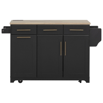 Vintage Kitchen Island with Trash Storage and Organizers, Versatile Rolling Cart with Power Outlet and Spice Rack, 59'' L x 29.5" W x 35.5" H, Black