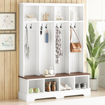 Farmhouse Hall Tree Coat Rack with 8 Retro Hooks, Shoe Bench Unit with 8 Storage Compartments, 59'' L x 15.5'' W x 76.5'' H, White