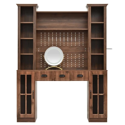 Farmhouse Makeup Vanity with LED Mirror and Power Outlet, Chic Dressing Desk with Jewelry Organizer, 54.5'' L x 15.5" W x 70" H, Walnut