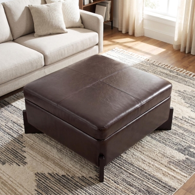 Modern Large Square Ottoman with PU Leather and Hidden Storage, Versatile Coffee Table for Living Room, 30.5'' L x 30.5" W x 17.5" H, Dark Brown