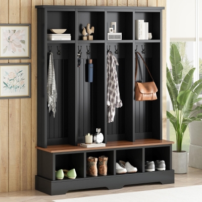 Farmhouse Hall Tree Coat Rack with 8 Retro Hooks, Shoe Bench Unit with 8 Storage Compartments, 59'' L x 15.5'' W x 76.5'' H, Black
