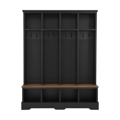 Farmhouse Hall Tree Coat Rack with 8 Retro Hooks, Shoe Bench Unit with 8 Storage Compartments, 59'' L x 15.5'' W x 76.5'' H, Black