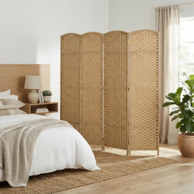 HOMCOM 4-Panel Folding Privacy Screen, 5.6' Tall, Natural Wood