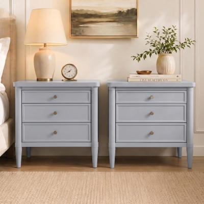 Modern Farmhouse Nightstand Set of 2 with 3 Storage Drawers, Wooden Bedside End Tables with Tapered Legs, 23.5'' L x 15.5'' W x 24.5'' H, Gray