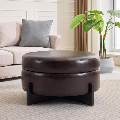 Stylish Round Storage Ottoman with Leather Upholstery, Versatile Coffee Table for Living Room and Bedroom, 32'' L x 32" W x 17.5" H, Dark Brown