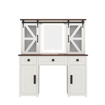 Farmhouse Dressing Vanity Desk with 3-Colour LED Lighted Mirror, Modern Makeup Table Unit with 3 Drawers, 43.5'' L x 15.5'' W x 53.5'' H, Beige