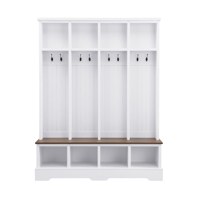 Farmhouse Hall Tree Coat Rack with 8 Retro Hooks, Shoe Bench Unit with 8 Storage Compartments, 59'' L x 15.5'' W x 76.5'' H, White