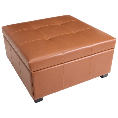 Retro-Chic Square Ottoman with Storage and Faux Leather, Versatile Coffee Table for Living Room and Bedroom, 34'' L x 34" W x 18.5" H, Caramel