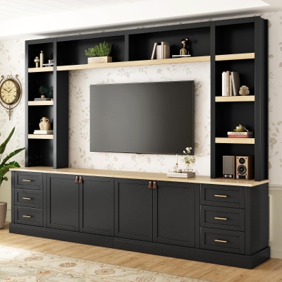 Rustic Farmhouse Entertainment Centre with 6 Storage Drawers, Modern TV Wall Unit with Adjustable Shelves, 98.5'' L x 15.5'' W x 79.5'' H, Black