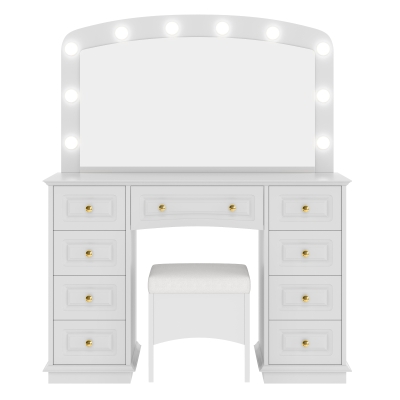 Luxurious Dressing Vanity Desk with 10 Hollywood Bulbs, Modern Makeup Table Set with 9 Storage Drawers, 44'' L x 15.5'' W x 53.5'' H, White