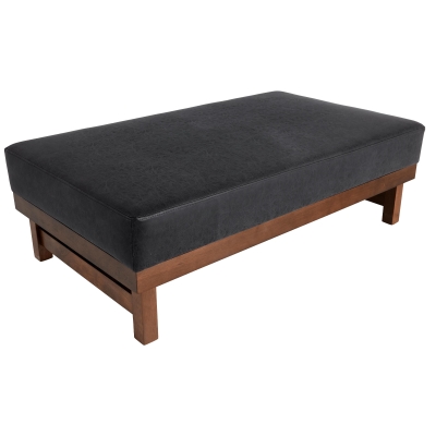 Sleek Large Ottoman with Faux Leather and Walnut Legs, Versatile Coffee Table for Living Room and Bedroom, 48" L × 27.5" W × 15.5" H, Black