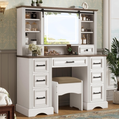 Farmhouse Dressing Vanity Desk with Sliding 3-Colour LED Mirror, Modern Makeup Table Unit with 9 Drawers, 47'' L x 15.5'' W x 55'' H, Brown+White