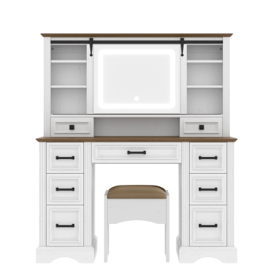 Farmhouse Dressing Vanity Desk with Sliding 3-Colour LED Mirror, Modern Makeup Table Unit with 9 Drawers, 47'' L x 15.5'' W x 55'' H, Brown+White