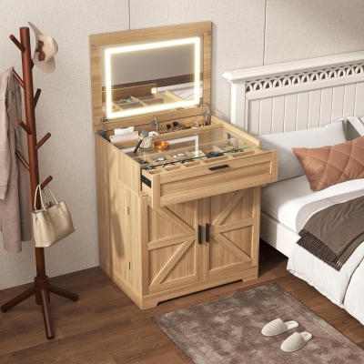 Versatile 3-in-1 Flip Top Makeup Vanity Cabinet with LED Lighted Mirror, Rustic Dressing Table for Bedroom, 26.5'' L x 19.5" W x 29.5" H, Natural