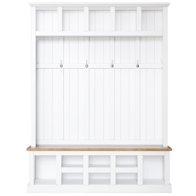 Farmhouse Hall Tree Coat Rack with 13 Compartments, Shoe Storage Bench Unit with Wide Storage Seating Bench, 59'' L x 18'' W x 79'' H, White